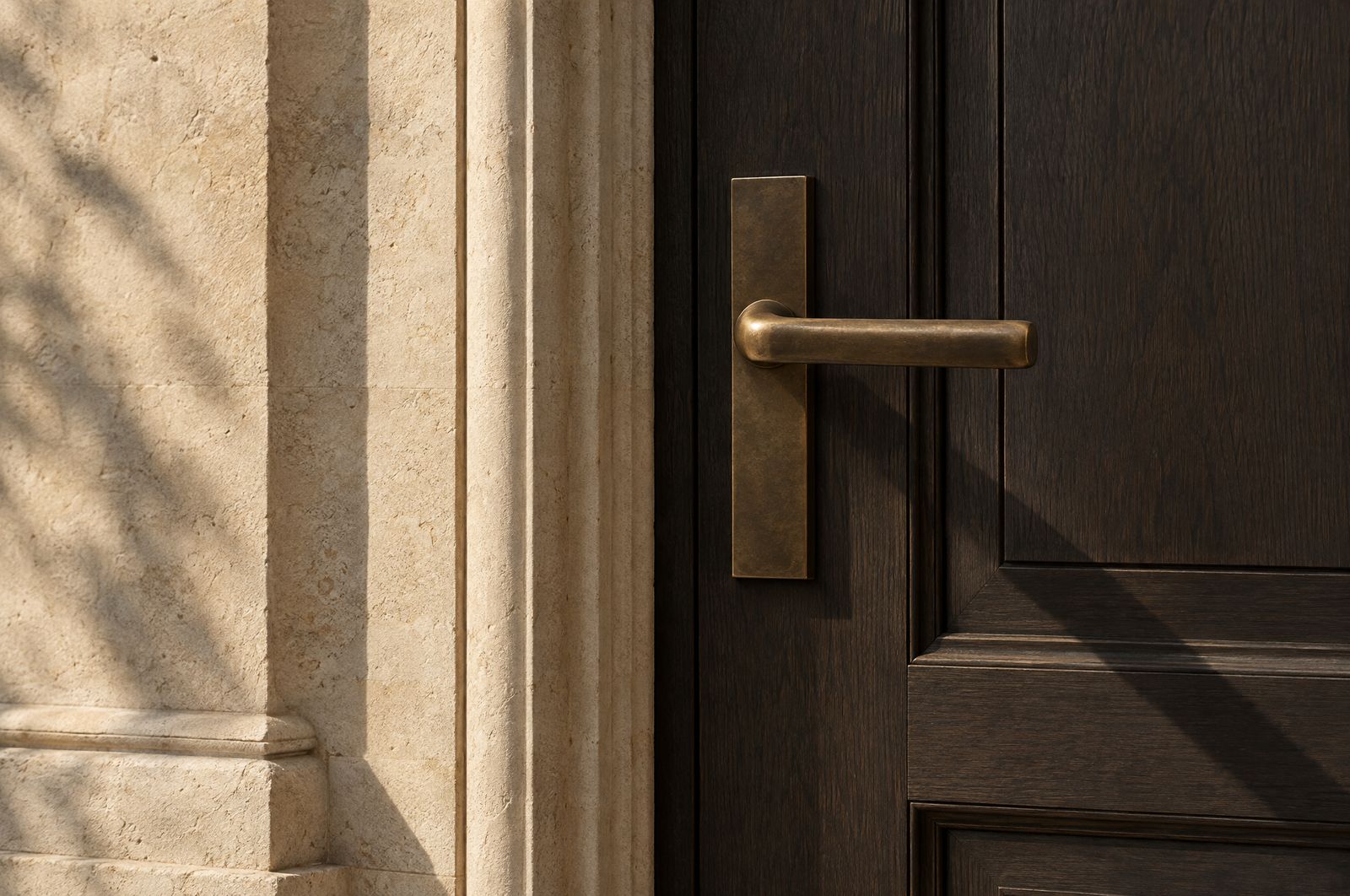A bronze door handle on a dark oak door beside a limestone facade in late afternoon light
