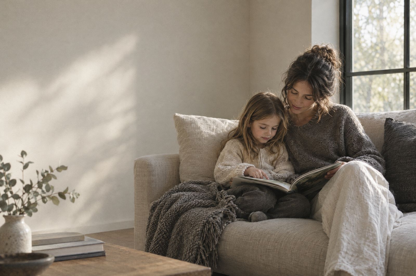 A mother and daughter reading together on a linen sofa beside a window