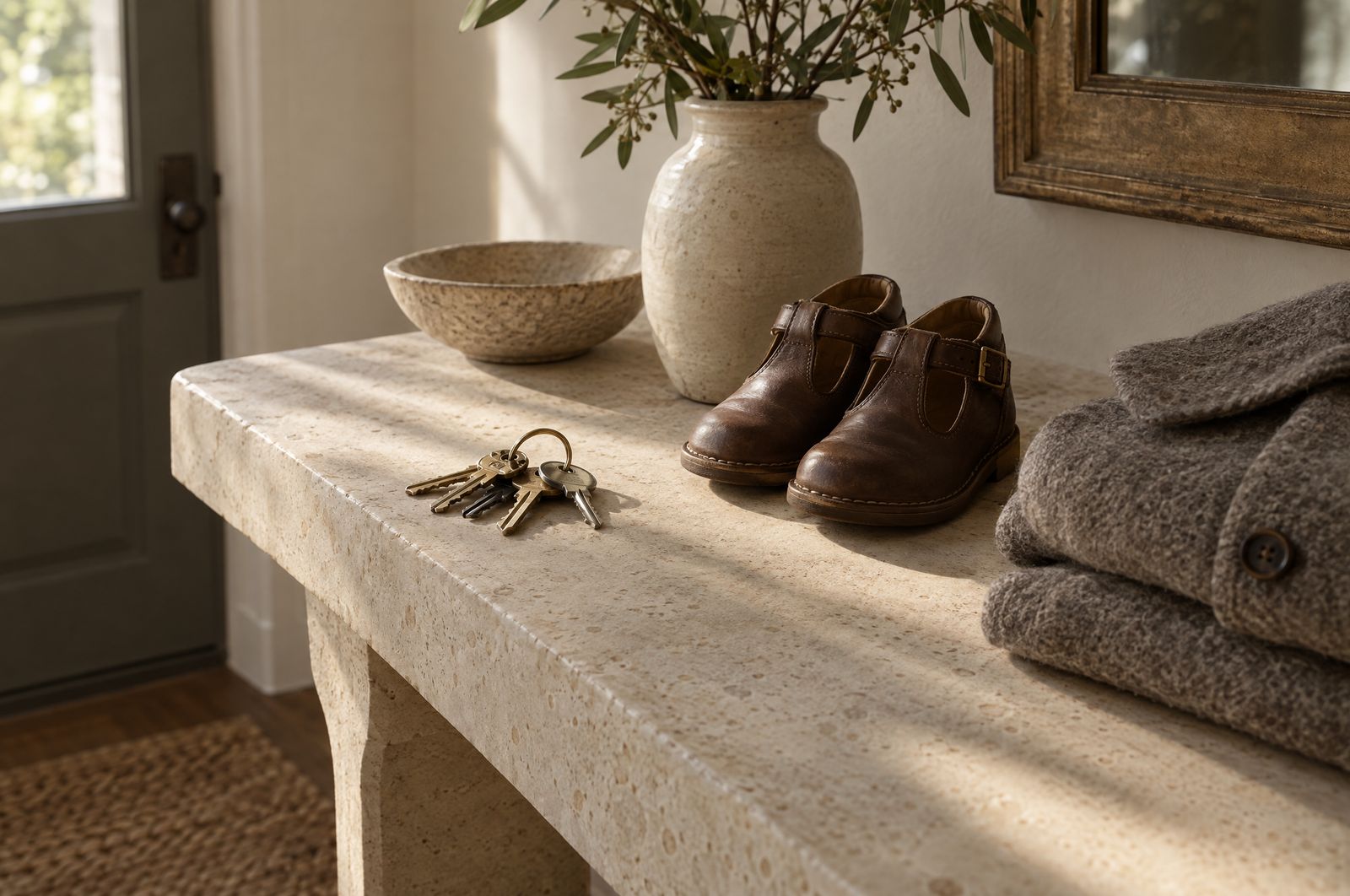 House keys resting on a limestone console beside a child's shoes and a folded coat