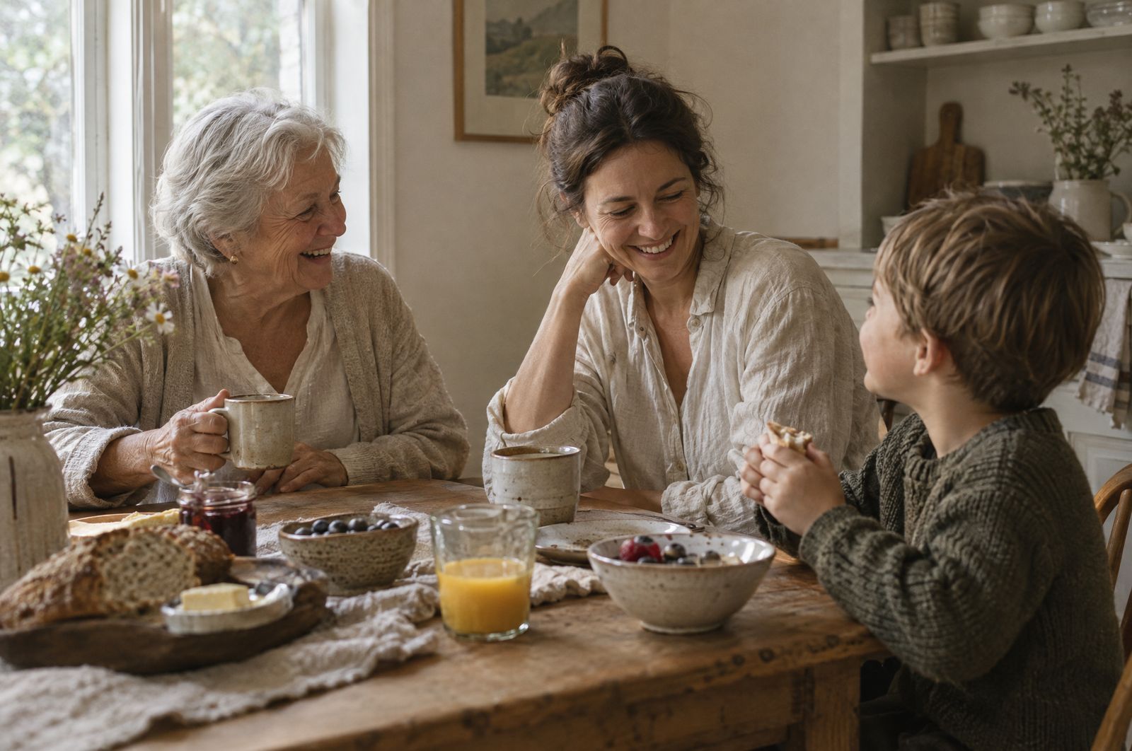 A grandmother, her daughter, and a young boy sharing breakfast at a wooden table