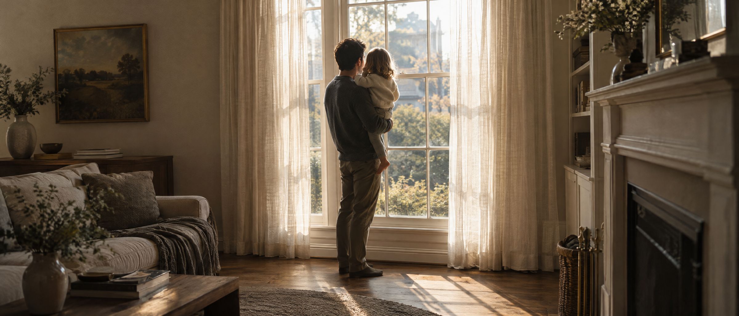 A father holding his young child as they look out of a tall window in the morning light