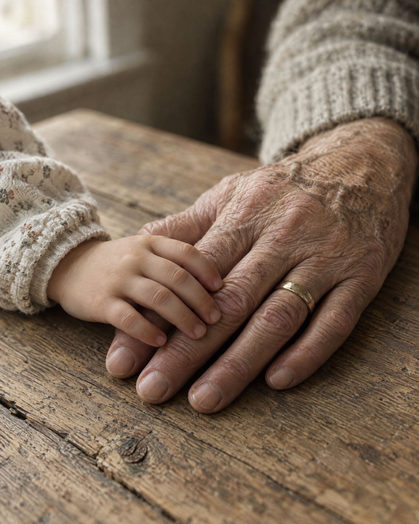 An elderly hand and a child's hand resting together on a wooden table